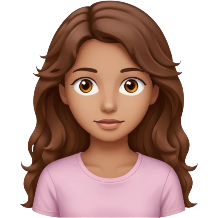 A pretty girl with tan skin and long brown wavy hair, wearing a very light pink basic shirt with brown eyes emoji