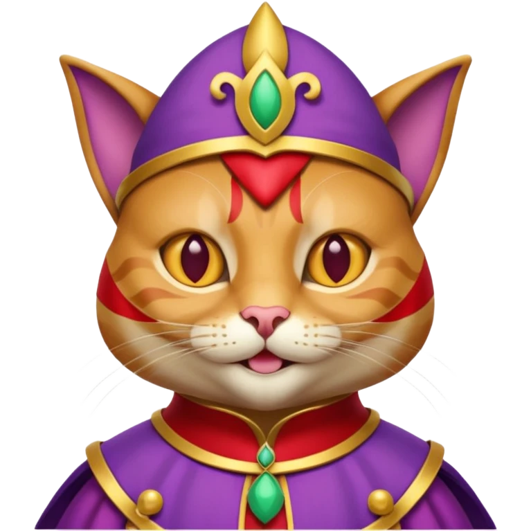 crazy colorful cute little cat jolly joker from poker, medieval, vintage, court jester, mac os icon, purple, gold and red color, half body. Squared shape as 3D mac os icon, symmetrical emoji