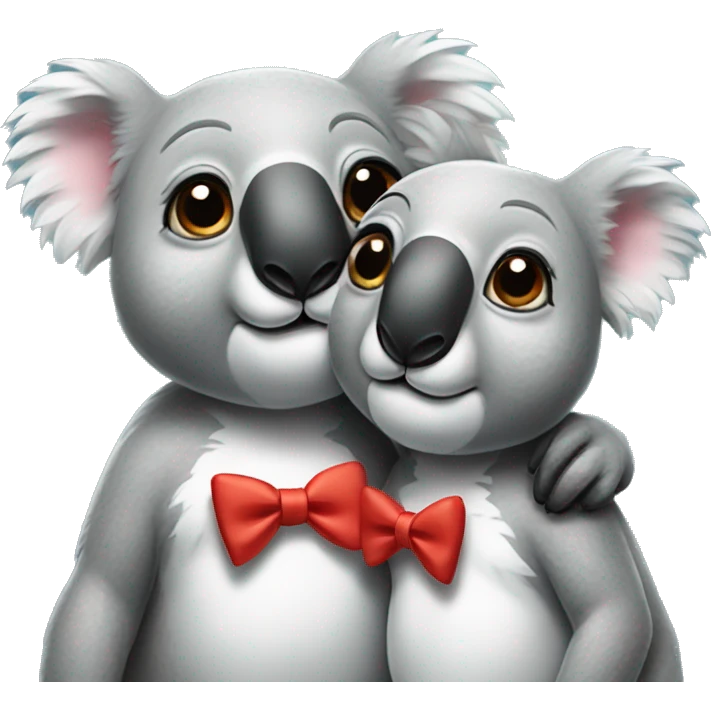 Two koalas cuddling, one with a bow on its head and the other with a bow tie emoji