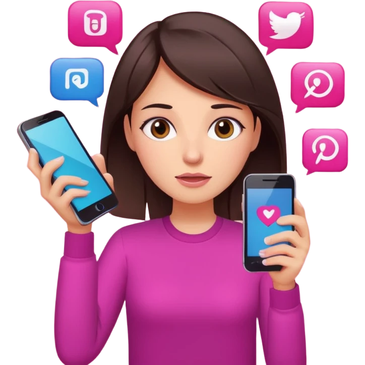 Social media manager. She has dark brown hair, brown eyes, overwhelmed expression, slightly stressed face,a holding a smartphone with notifications piling up. Use vibrant colors with a focus on pink and fuchsia tone emoji