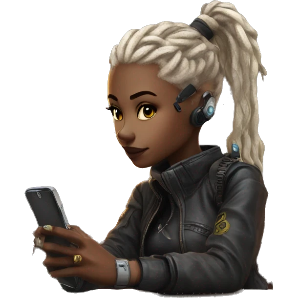 Cyberpunk girl with the phone in coffee shop with iced latte emoji