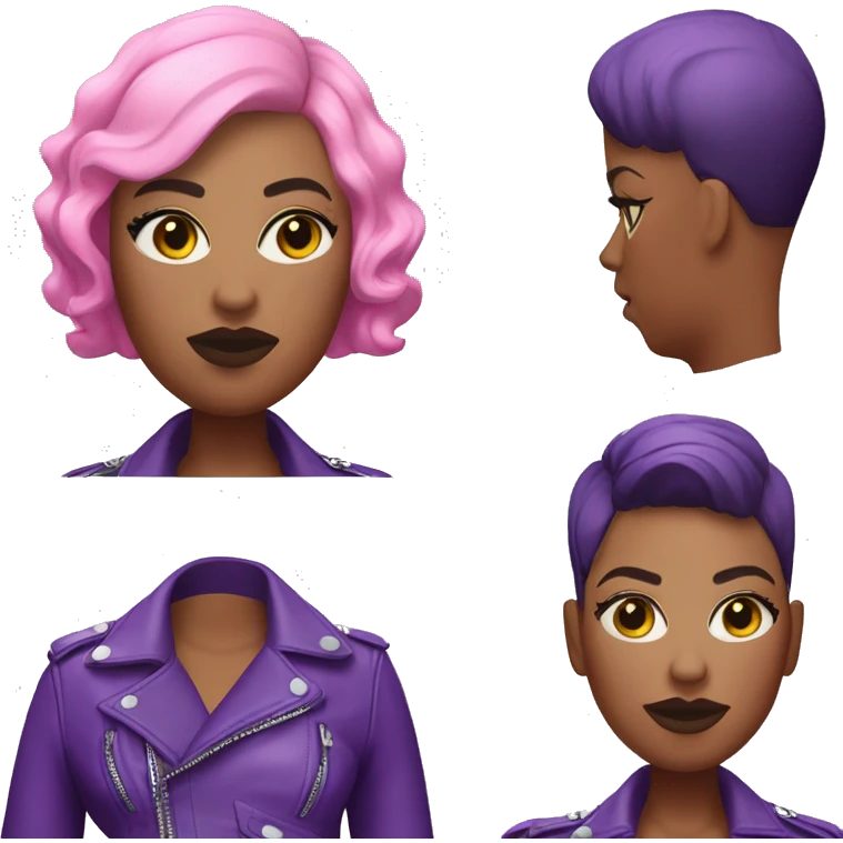Plus size black woman with short buzz cut pink hair and a purple leather biker jacket with makeup on face. emoji