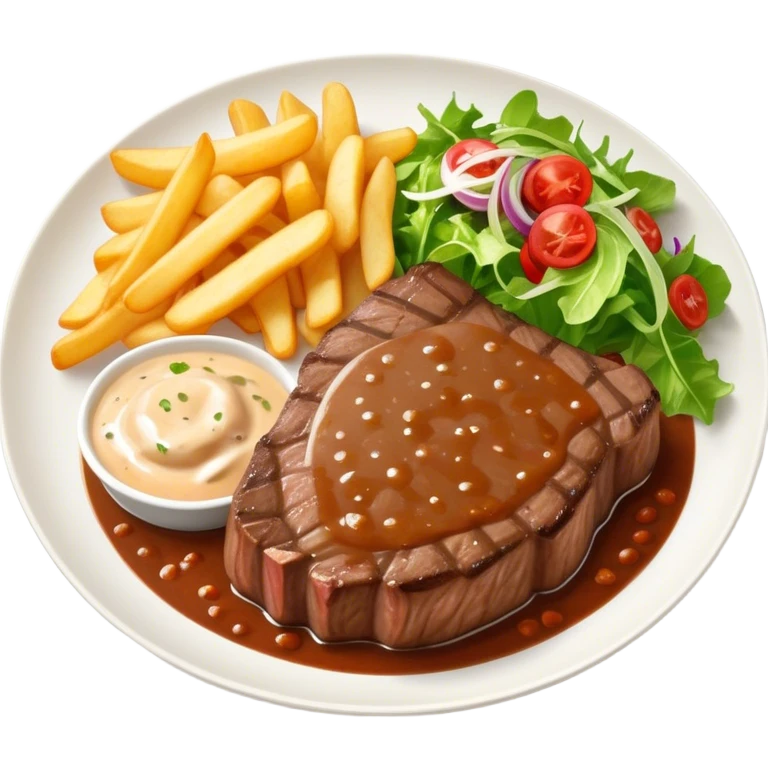 big juicy australian steak meal featuring chips, small salad in a ramiken and gravy  emoji