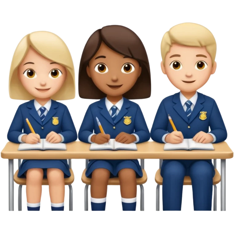 three school children sitting in a row behind their school desks emoji
