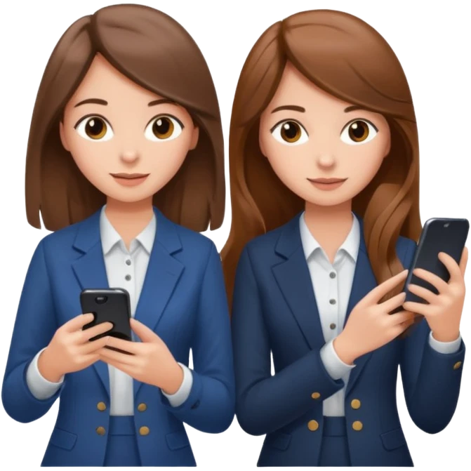 two brown haired girls, looking professional maybe leaned back on back and looking forward and using phones, with longer hair and with some cute clothes emoji