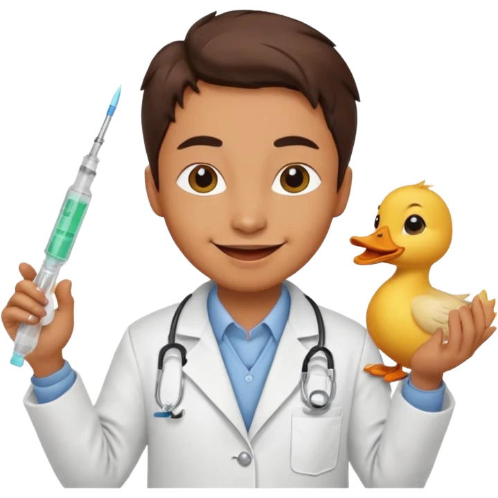 Duck doctor holding syringe and cheerful grin.

 emoji