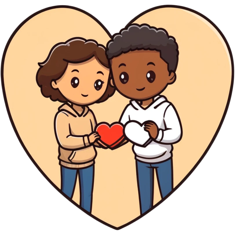 A couple with dark brown hair and mixed skin tone inside a white heart, both wearing beige clothes emoji
