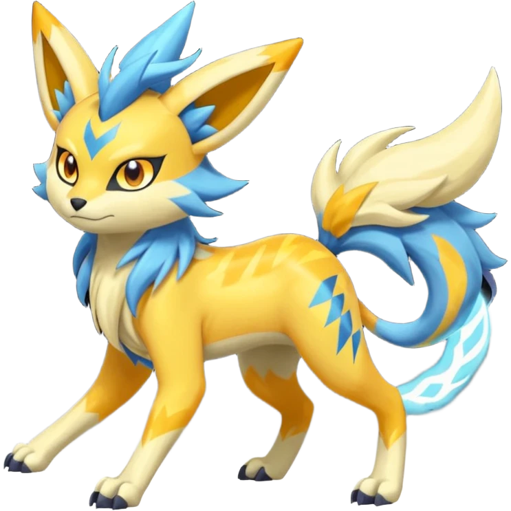 Feral Lightning-patterned Zig-zagged buzzy fuzzy Meloetta-Renamon-Zeraora-Luxray-Cobalion-Suicune-Vernid-fusion-hybrid-creature, full body  emoji