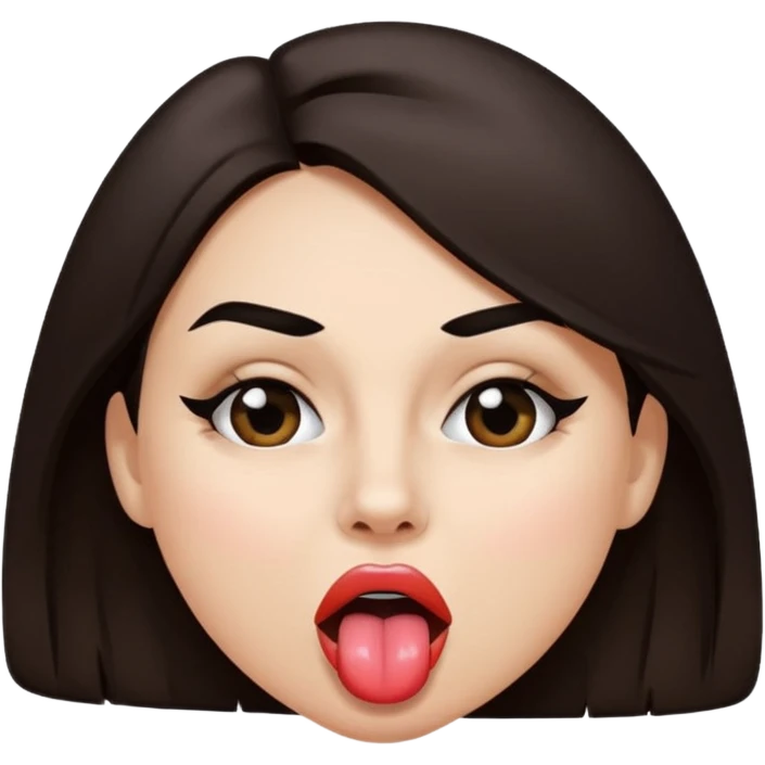 woman with dark brown hair wearing black band over eyes with tongue out emoji