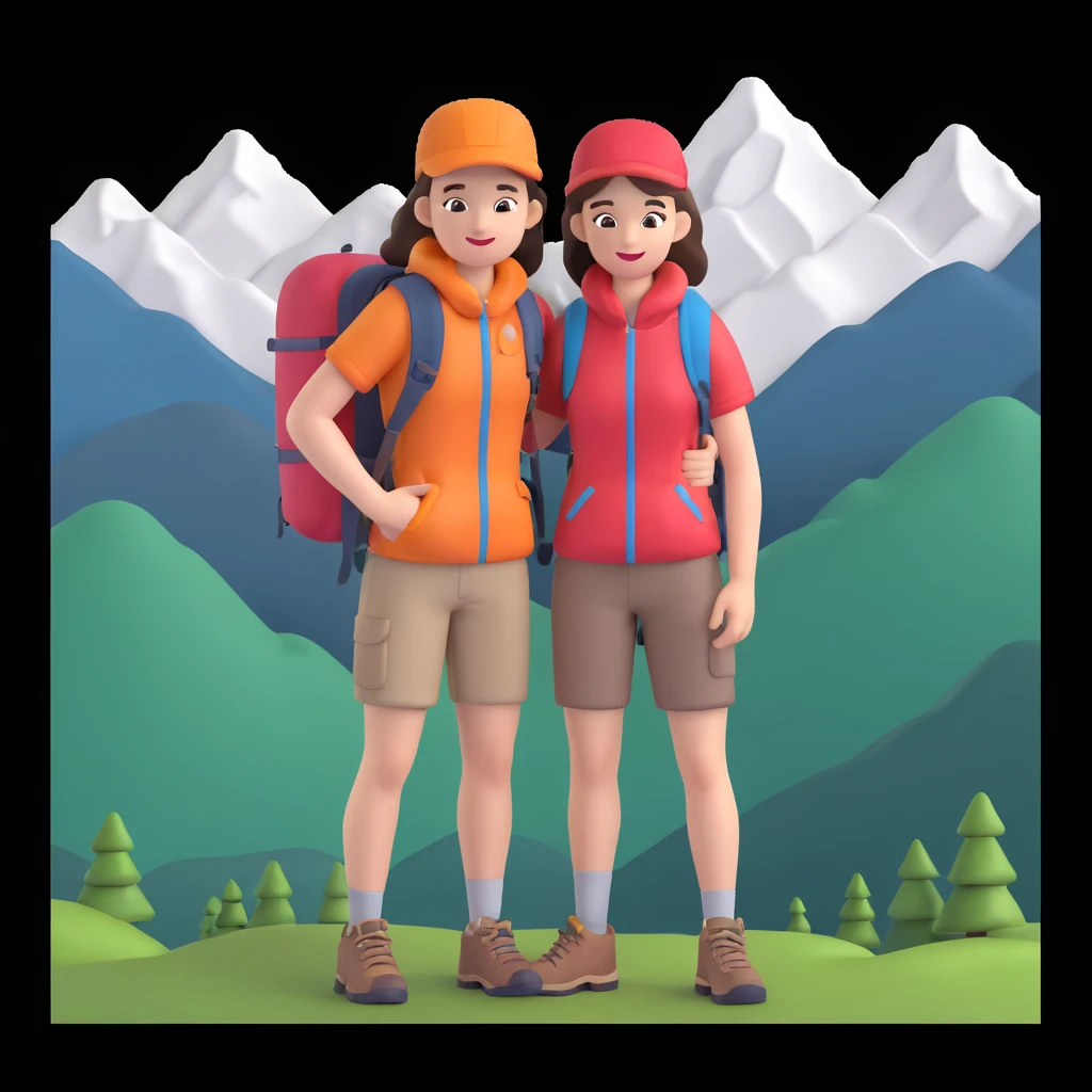 back packer couple posing, mountains in background,   close up pose emoji