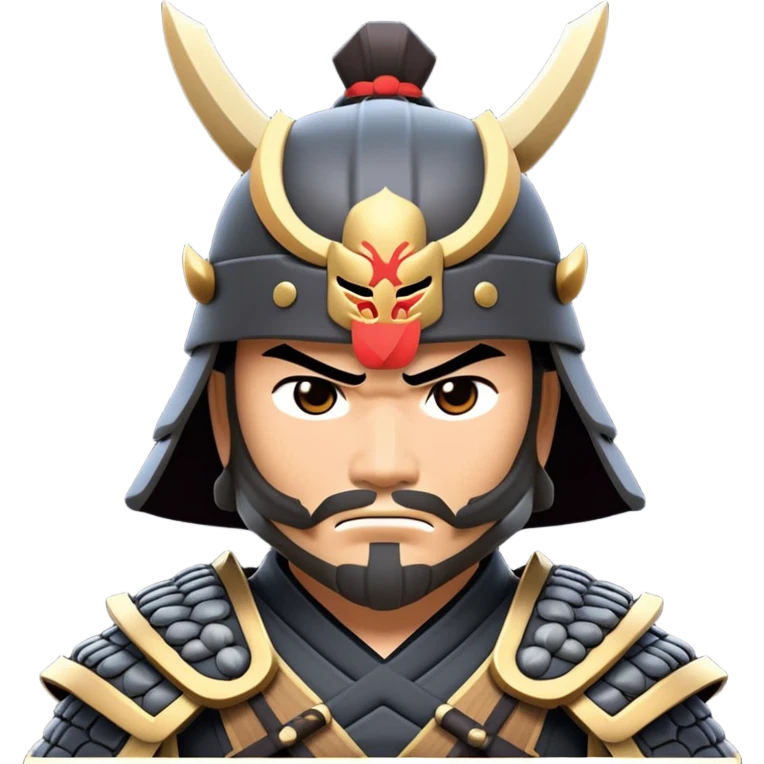 clash-of-clans-aesthetic_-cinematic-fearsome-and-majestic-samurai-bust-portrait-emoji, rendered in a flat, vector-style with minimal shading and bold, simplified shapes typical of emoji art, depicting a battle-hardened samurai with steely eyes and traditional black Japanese armor. The samurai is riding a noble grey warhorse adorned with an intricately designed saddle and fluttering banners, against a backdrop of cherry blossoms and a rising sun. emoji