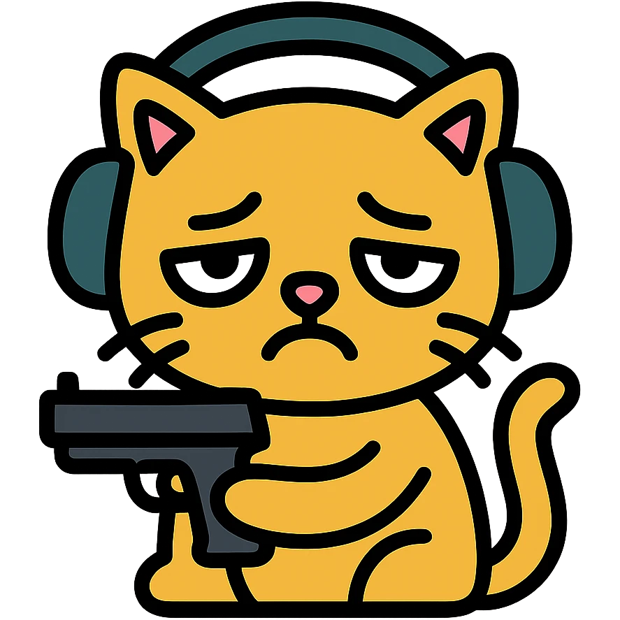 tired sad cat holding a gun, wearing headphones, colored icon emoji