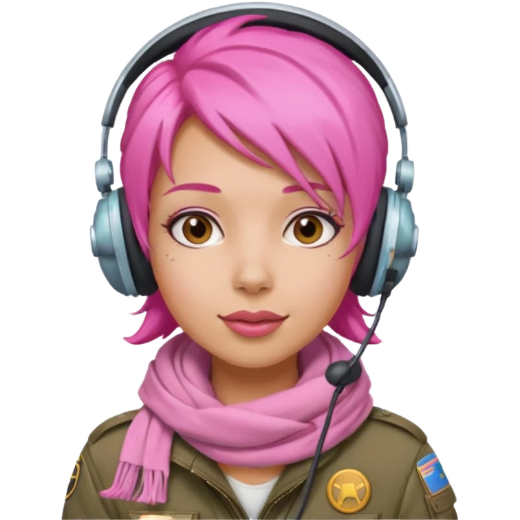 Jet Queen Mia – bubble-gum-hair pilot wearing a headset and pink scarf emoji