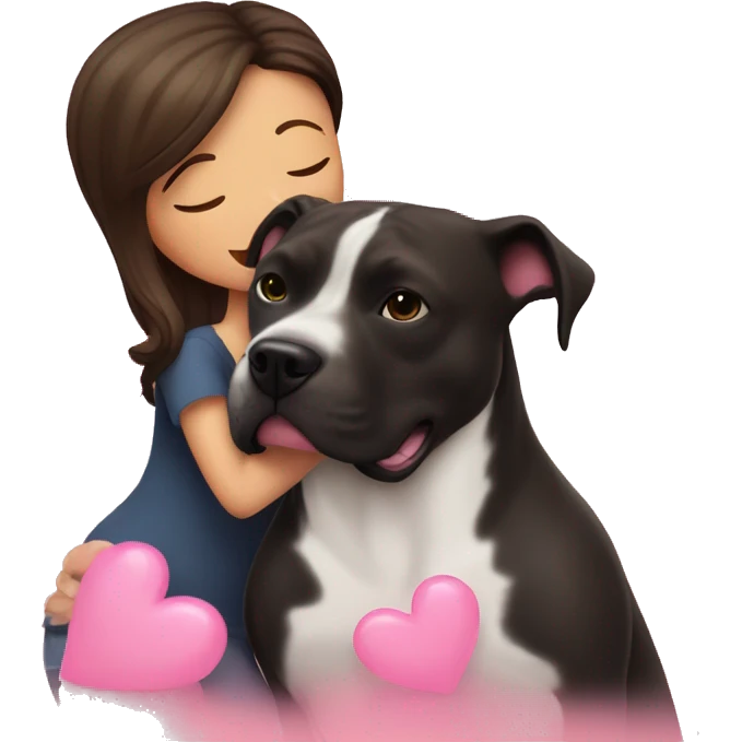 Brunette kissing big black pitbull dog, pink hearts emoji