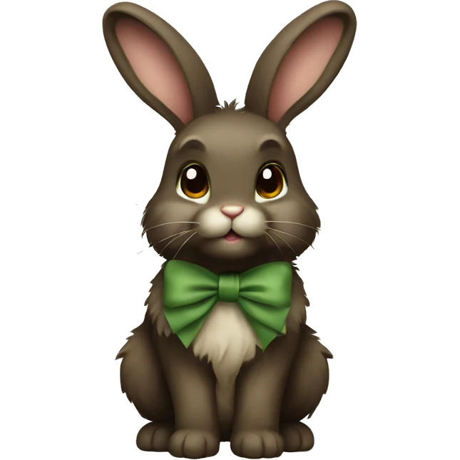 Dark brown cute fluffy rabbit with khaki green bow full body emoji