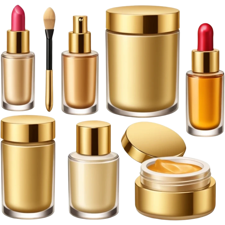 PVarios rodutos de beleza com tampa dos potes dourados e fundo transparente pra usar como figurinha emoji