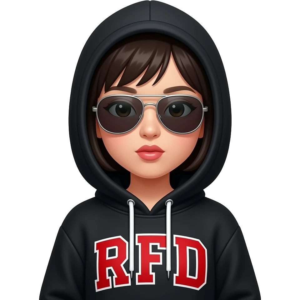 Asian girl with black hoodie with initials “RFD” in large red font, with hoodie up, wearing aviator sunglasses, pouting emoji
