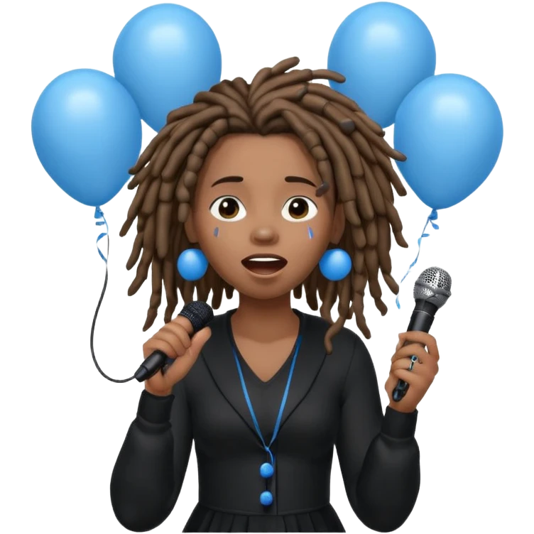 Black girl Stud with dreadlocks singing dressed in black crying 1,2,3 release em with white and blue balloons flying overhead emoji like with mic in hand  emoji