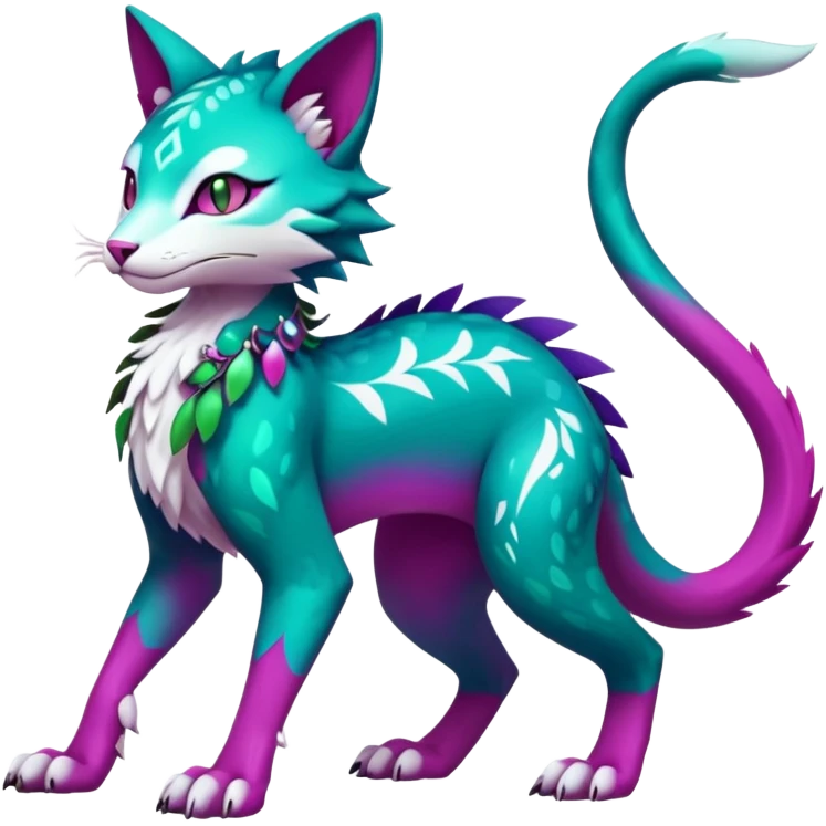Kawaii cute colorful iridescent deep-dark-turquoise-green and magenta and white beautiful pretty elegant divine edgy feline-vernid-sergal-Fakémon-Pokémon-fursona-animal-creature with accessories, full body, with intricate detailed markings emoji