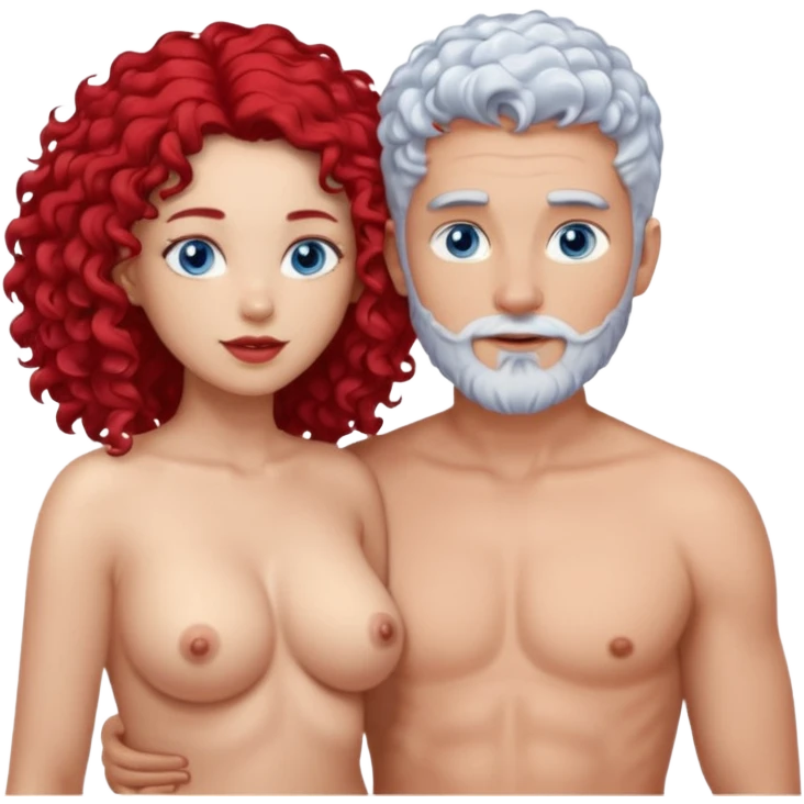 Homme nu cheveux blancs courts, yeux bleu barbe courte + femme nu gros seins rousse cheveux longs bouclés yeux bleu emoji
