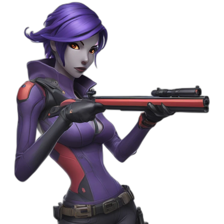 widowmaker from overwatch, shooting and scoping targets with a slingshot, drawn in the style of one piece manga emoji