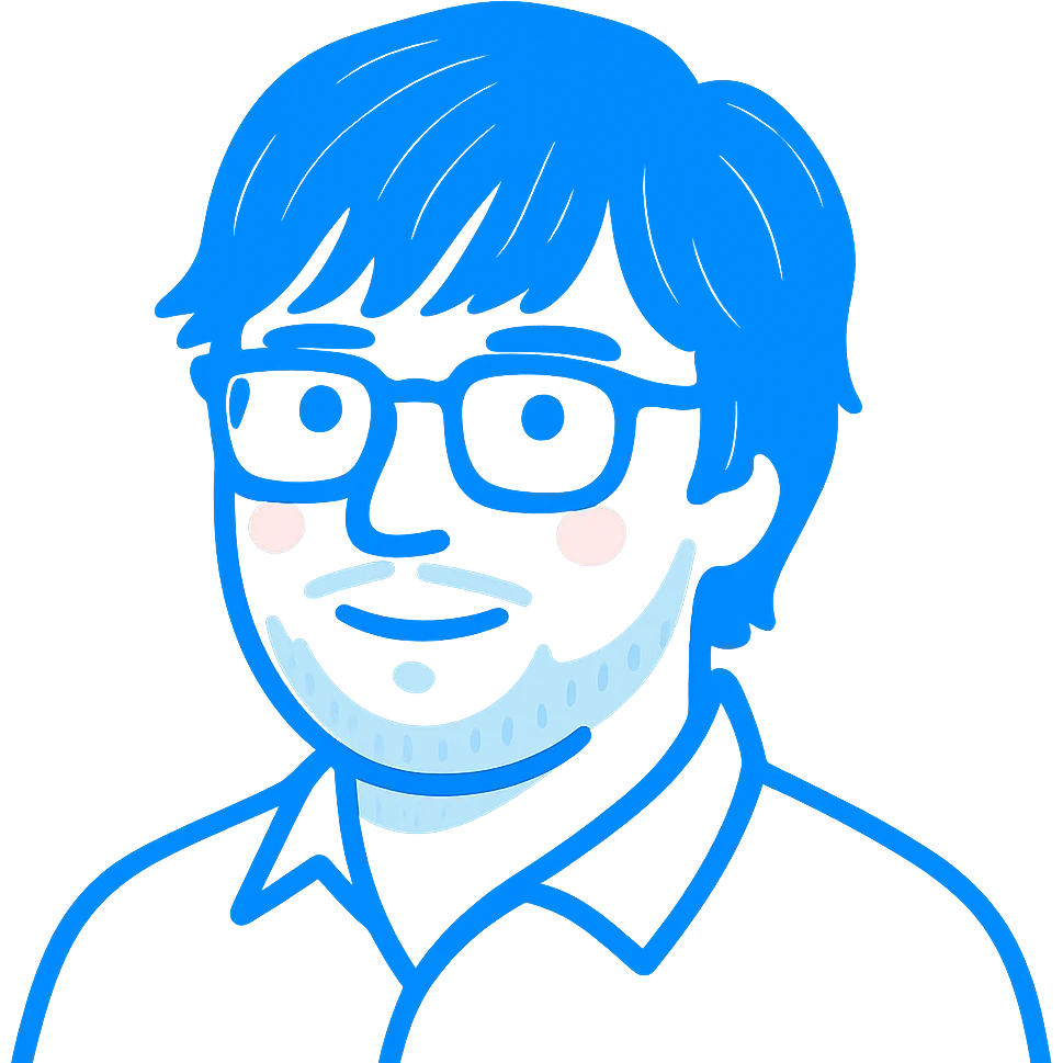A man with glasses, stylishly messy longer hair with cool well-defined bangs, a naturally round face shape, and a broader nose. Use bright blue colors for the main outlines and details, subtle pink highlights only on the cheeks, and gray only for the short beard and shadow details where necessary. emoji