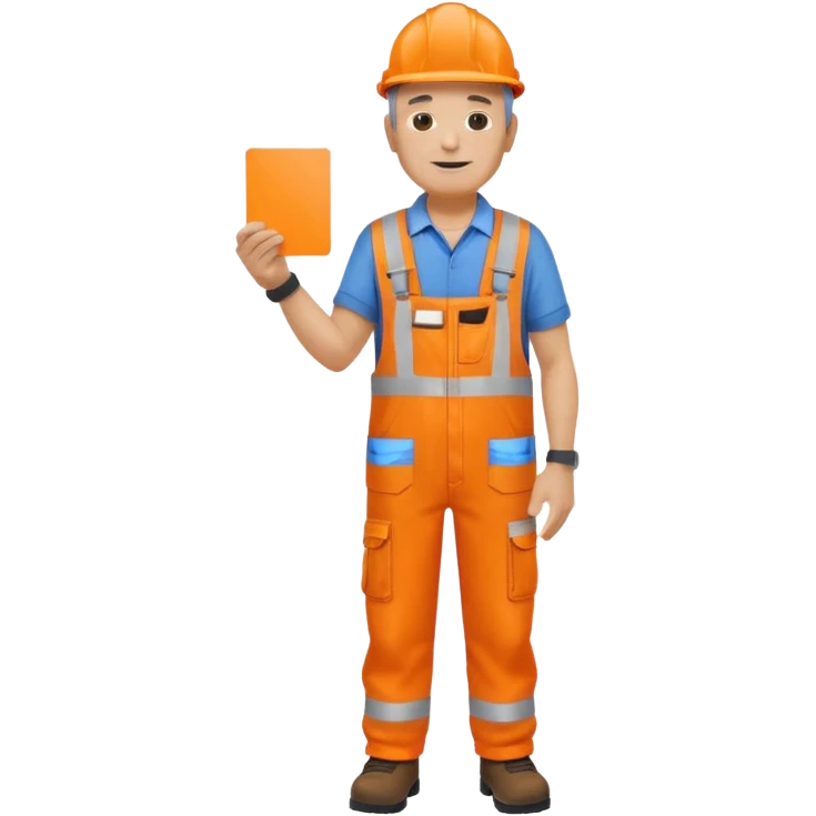 older engineer hi-vis orange overalls full body holding a card emoji