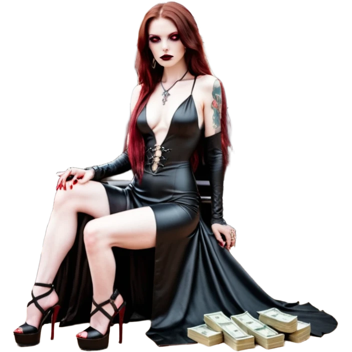 Lilith symbol red eye seductress evil long brown haired sexy succubus woman with leather long dress with slit, sitting in Big Large F350 pickup truck. Black Platform high heels on feet. Tattoo sleeve arms, seat full of stacks of cash, and a man dead human skull of her enemies and a gun in other hand emoji