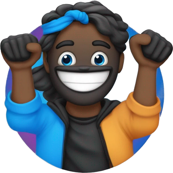 las  letras EV mayúsculas de color negro  encerrados en un circulo de color negro con el fondo de color azul con pies y manos cabeza y ojos sonriendo y bailando emoji