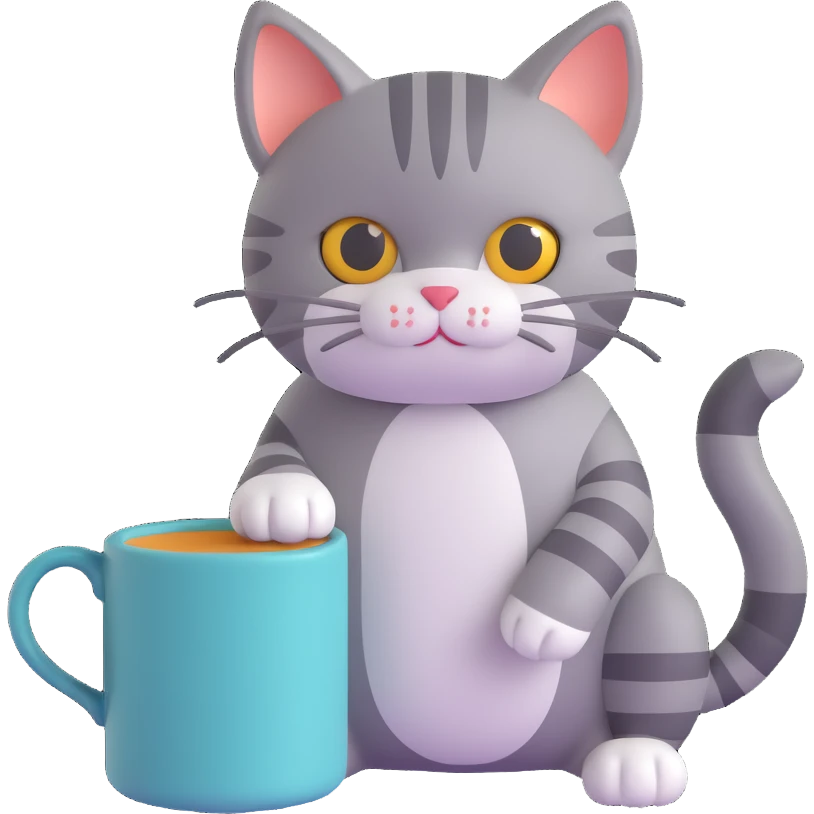 A gray striped cat sitting at a table drinking water from a mug emoji