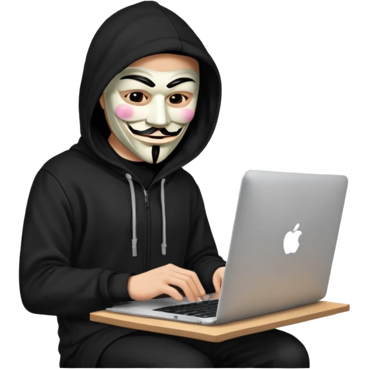 guy fawkes mask black hoodie typing on macbook emoji