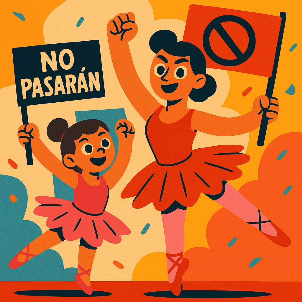 A mother and daughter in ballet costumes, dancing with raised fists and anti-fascist banners, showing unity and resistance emoji