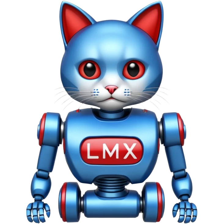 generate robot cat, glossy, realstic, red and blue color, add text on chest "LMX" emoji