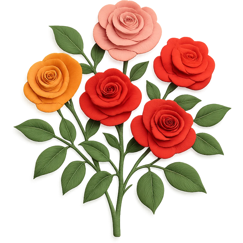 rose bush with many blossoms, delicate paper layers, expressive leaves, various rose colors emoji