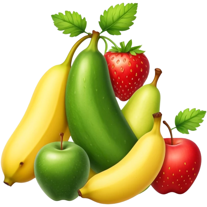 Group of fruits: banana, pear, cucumber, strawberry, red apple and parsley. Apple emojis style, they must be stacked on top of each other. emoji