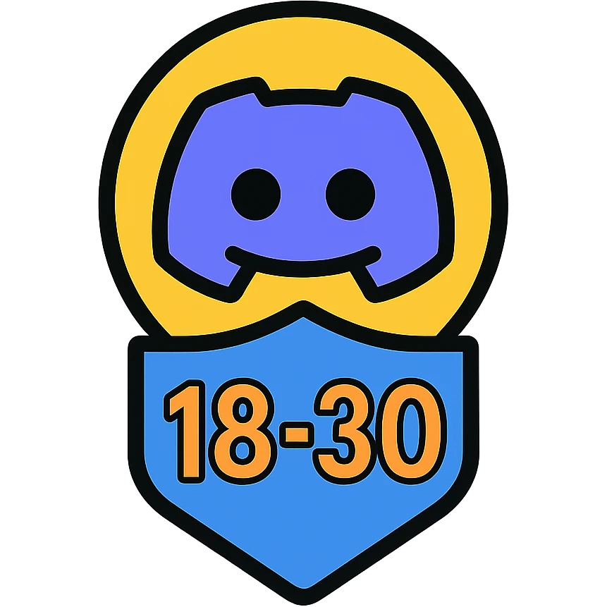 Discord role icon representing ages 18-30, modern, inclusive, subtle numbers '18-30', youthful vibe, community role badge emoji