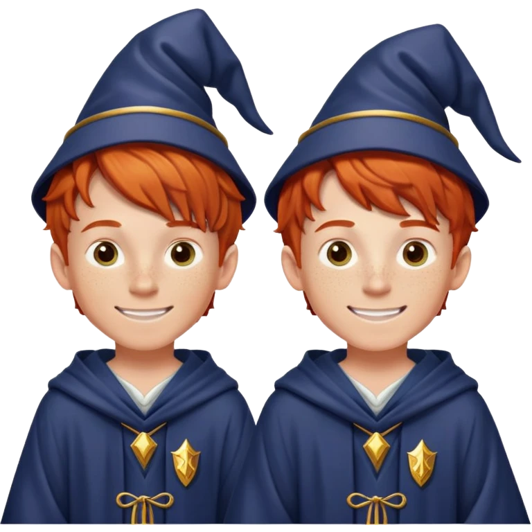 Two identical redheaded teenage boys with mischievous grins, freckles, and wizard robes emoji