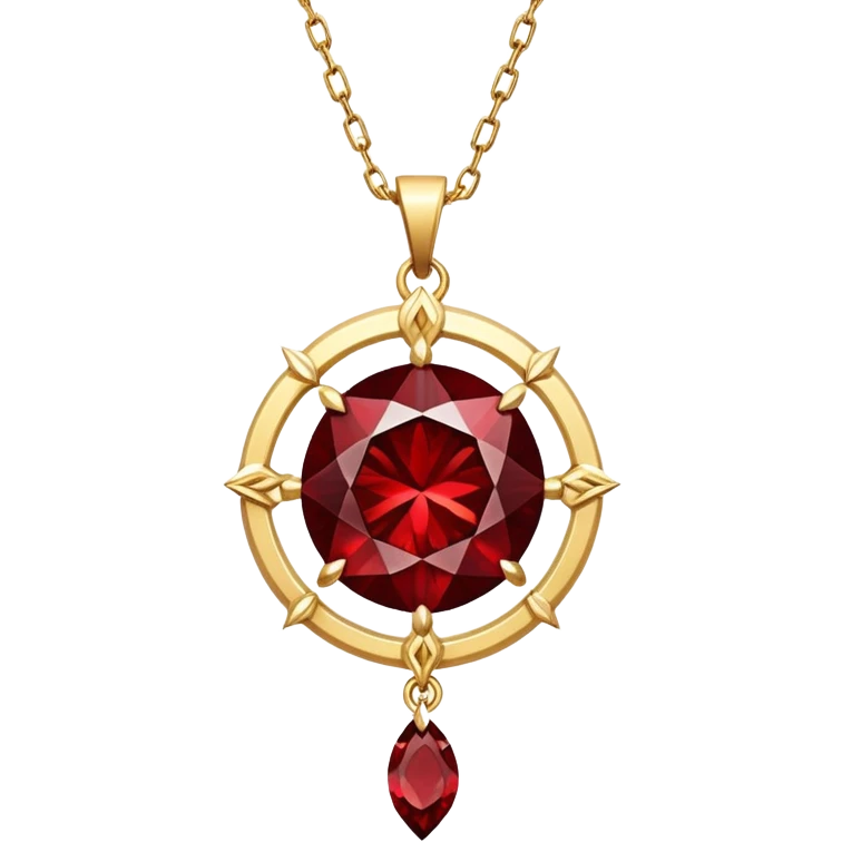 shimmering red garnet talisman, suspended from a gold chain, radiating magic and strength emoji