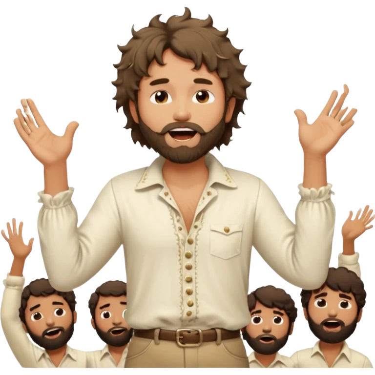 solarpunk realistic ultra HD - messy, shaggy, bearded Jim Morrison in an ivory Victorian shirt, in an ecstatic dramatic pose, singing on stage emoji