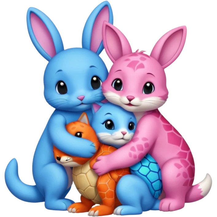 a blue bunny, a pink cat, a turtle and a fox, hugging emoji