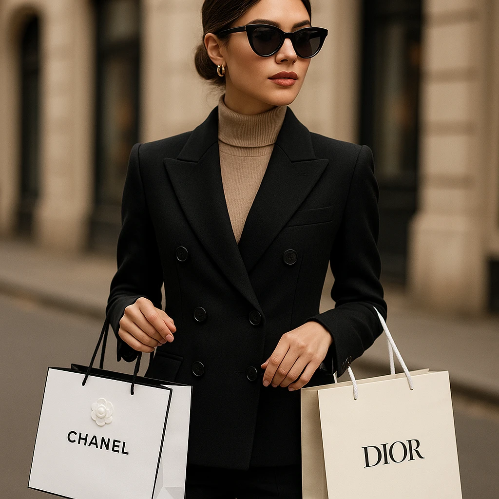 A fashionable young woman with Chanel and Dior bags in her hands, dressed in chic attire, confident and poised. emoji
