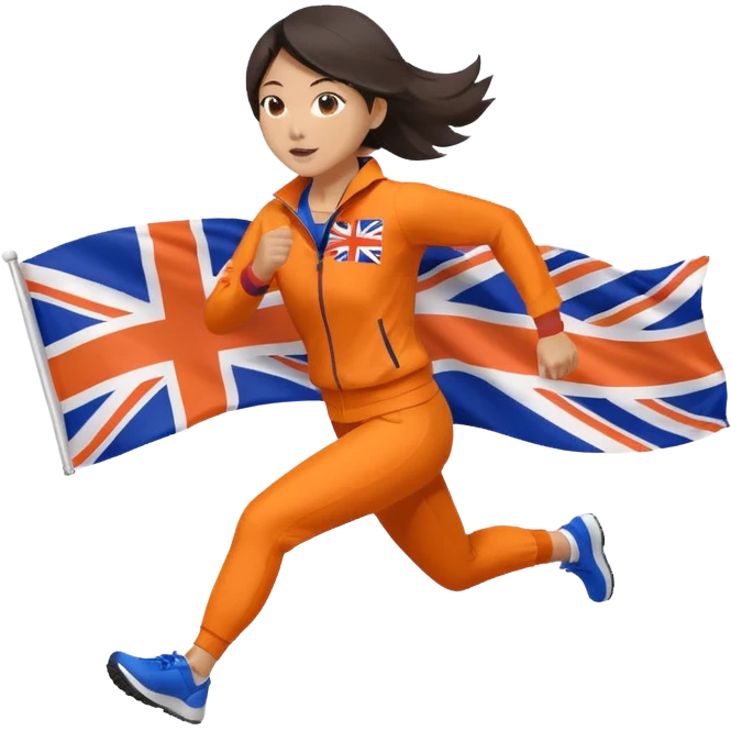 asian woman in orange sport suit and uk flag on the back holding it, running emoji