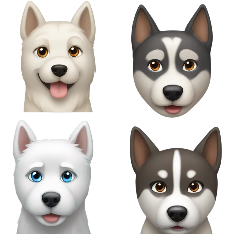 3dog : One. Grey Husky with blue eyes, a beige HUSKY with brown eyes and a white Westies emoji