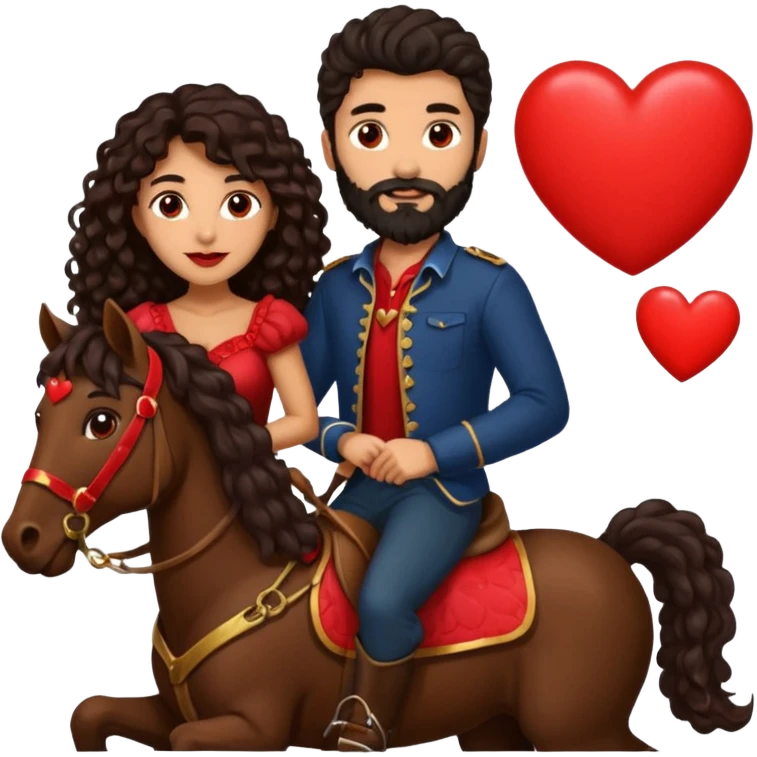 pareja de Mujer morena rizada cabello largo castaño ojos oscuros y hombre piel blanca con caballo oscuro con barba y ojos marron alrededor de la pareja corazones emoji