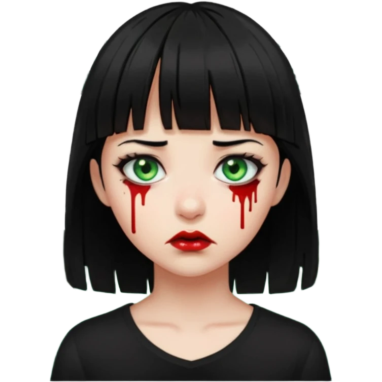 Guria com cabelo preto franjinha sangrando olhos verdes  fundo preto e um piercing bridgepiercing emoji
