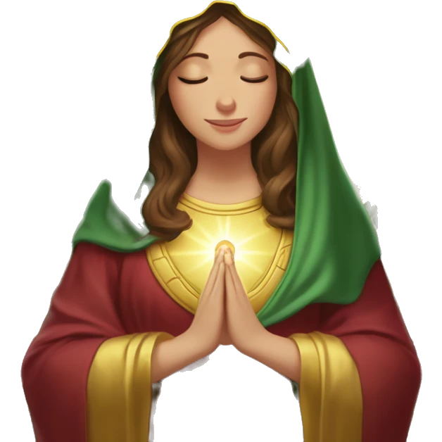 Virgin Mary: kind face looking down at the left, long brown hair, Wearing an emerald green  robe with gold stars and a burgundy red dress,  Hands in prayer or blessing. Halo around her head. standing in front of a big sun. colorful roses on the sides  emoji