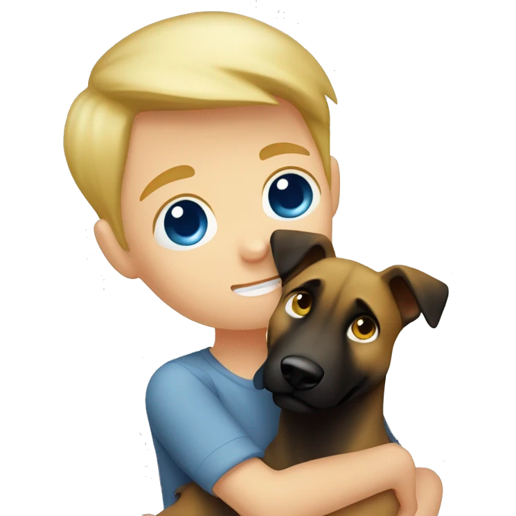 blond boy with blue eyes who hugs his Malinois tightly because he is afraid  emoji