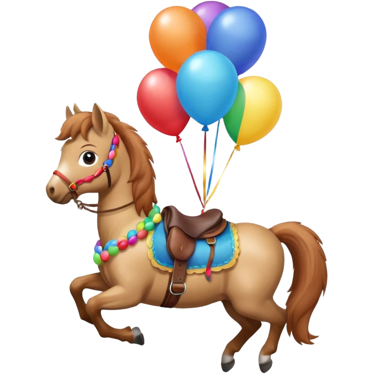 A small pony holding colorful balloons tied to its saddle, looking cheerful. emoji