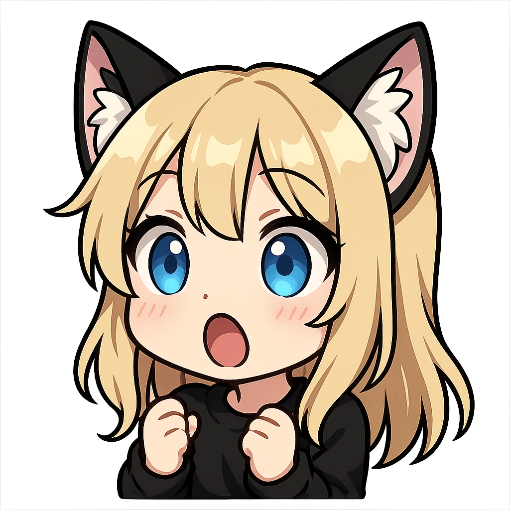chibi anime catgirl with black and white cat ears, blonde hair, blue eyes, white skin, cute, surprised expression, Twitch emote emoji