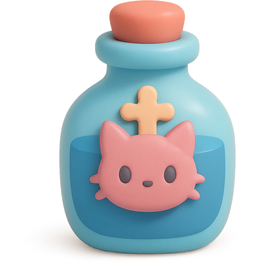 blue goth potion bottle with a cat motif, soft and cute gothic look, mochi style emoji